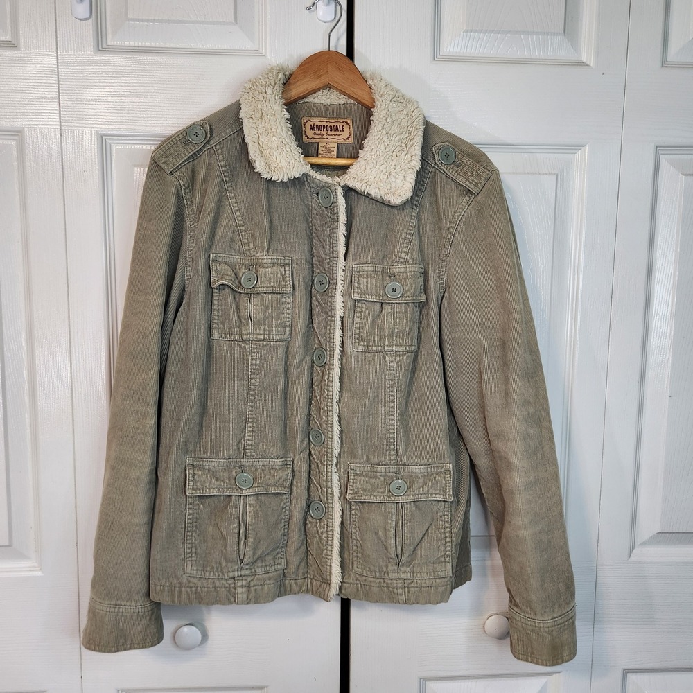 VTG Aeropostale Corduroy Utility Jacket Sage Green Faux Shearling Collar XL Y2K